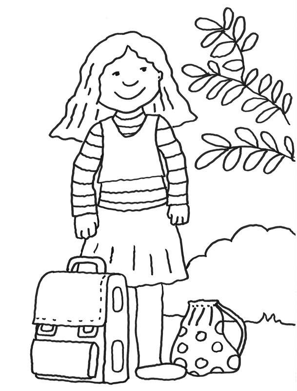 Ausmalbilder Schulanfang
 Kostenlose Malvorlage Einschulung Mädchen mit Schultasche