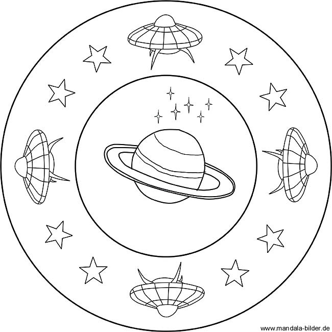 Ausmalbilder Sonnensystem
 Kinder Mandala UFO im Weltraum als kostenloses Ausmalbild