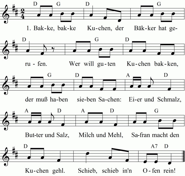 Backe Backe Kuchen Text
 Noten Liedtext und Midi MP3 zum Anhören des Lieds Backe