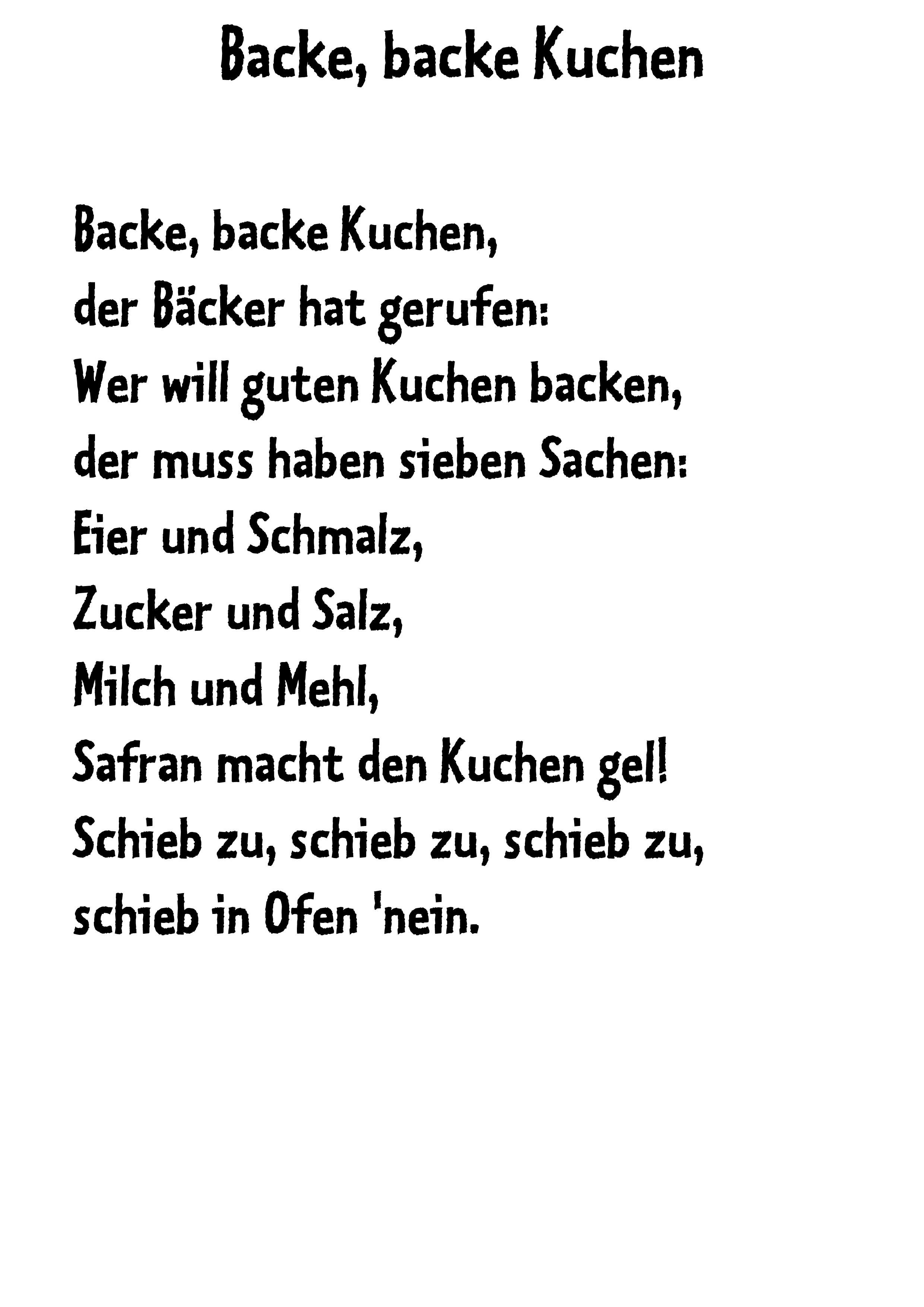 Backe Backe Kuchen Text
 Der Streifenenten Club Krippeneinrichtung