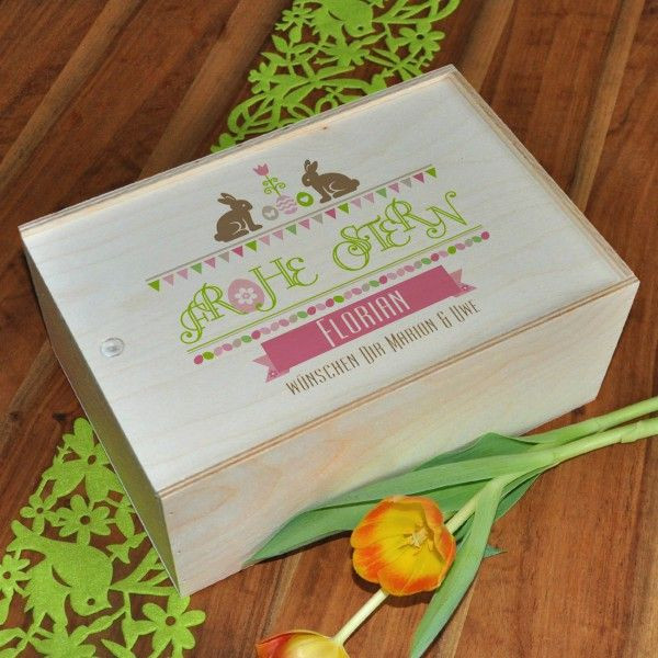 Bedruckte Geschenke
 Frohe Ostern bedruckte Holzbox als Verpackung mit Name