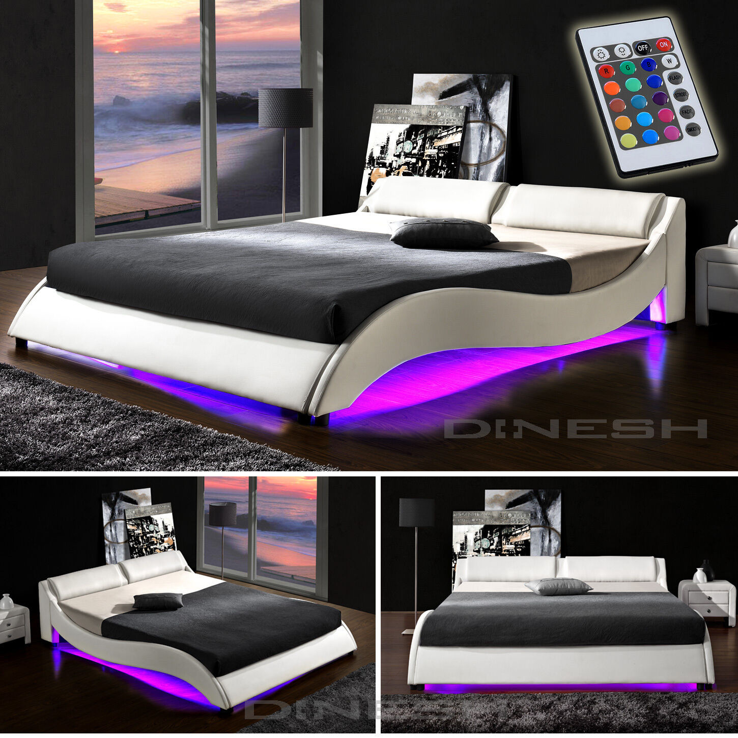 Bett Mit Led
 DIABLO Weiss LED Doppelbett Polsterbett Bettgestell Bett