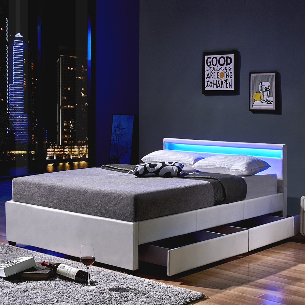 Bett Mit Led
 LED Bett Nube mit Schubladen 140 x 200 Weiß