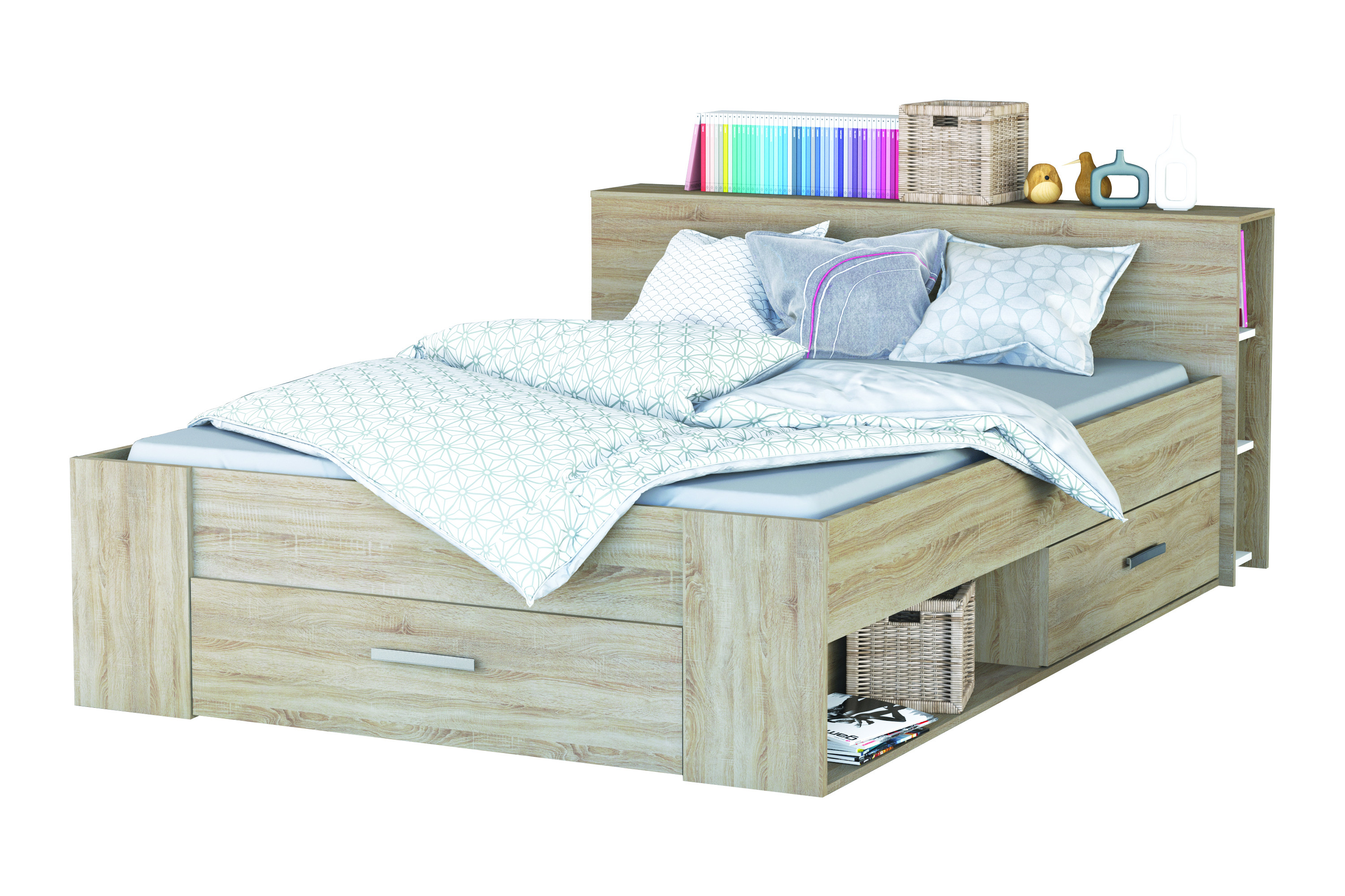двуспальная кровать с ящиками в изголовье для белья и полочкой