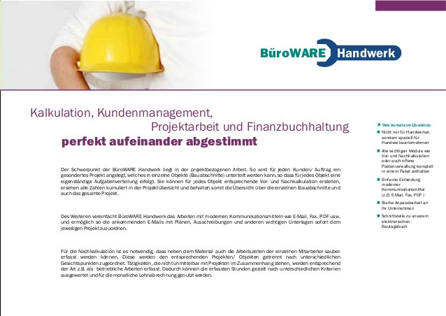 Branchensoftware Handwerk
 BüroWARE Handwerk ERP Branchensoftware für