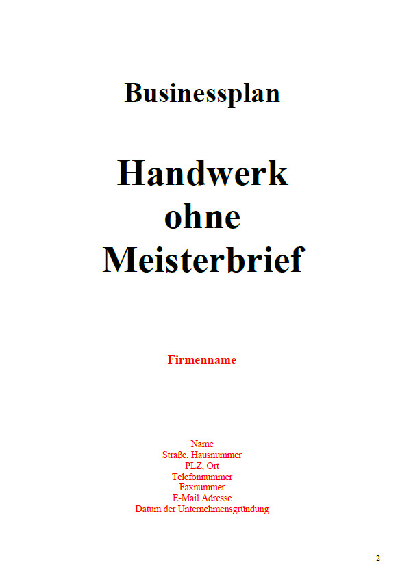 Businessplan Handwerk
 Businessplan Handwerk ohne Meisterbrief Sofort Download