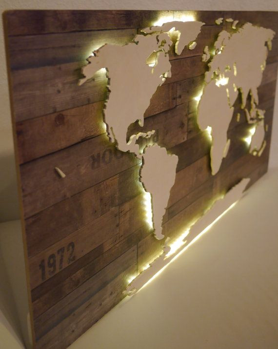 Deckenleuchte Diy
 3D world map XXL made of wood with lighting vintage by