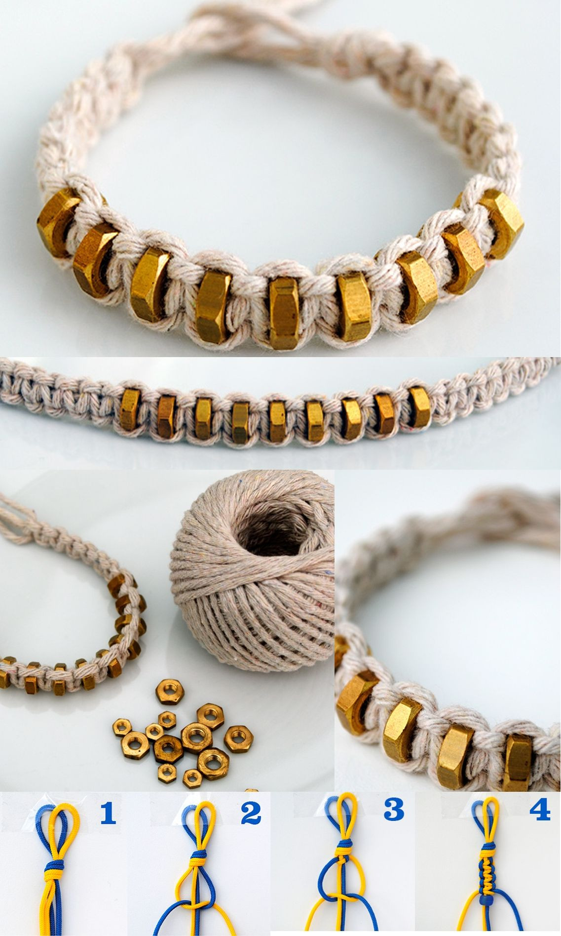 Diy Bracelet
 macramé square knot string & hexnut bracelet