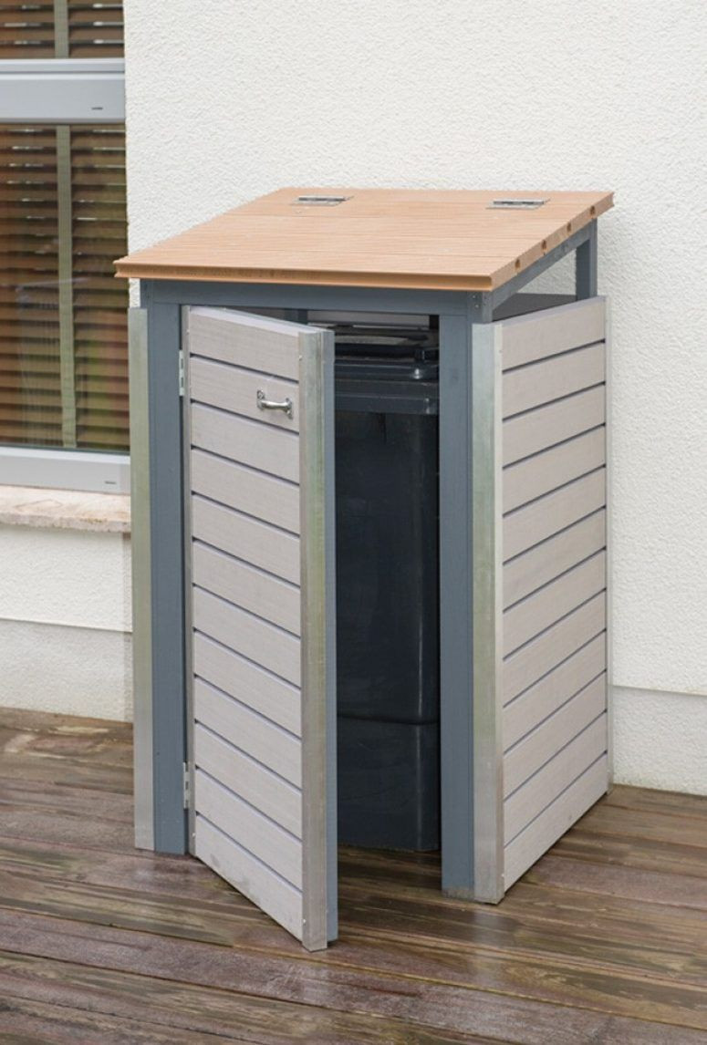 Diy Mülltonnenbox
 Mülltonnenbox selber bauen Endzustand mit geöffneter Tür