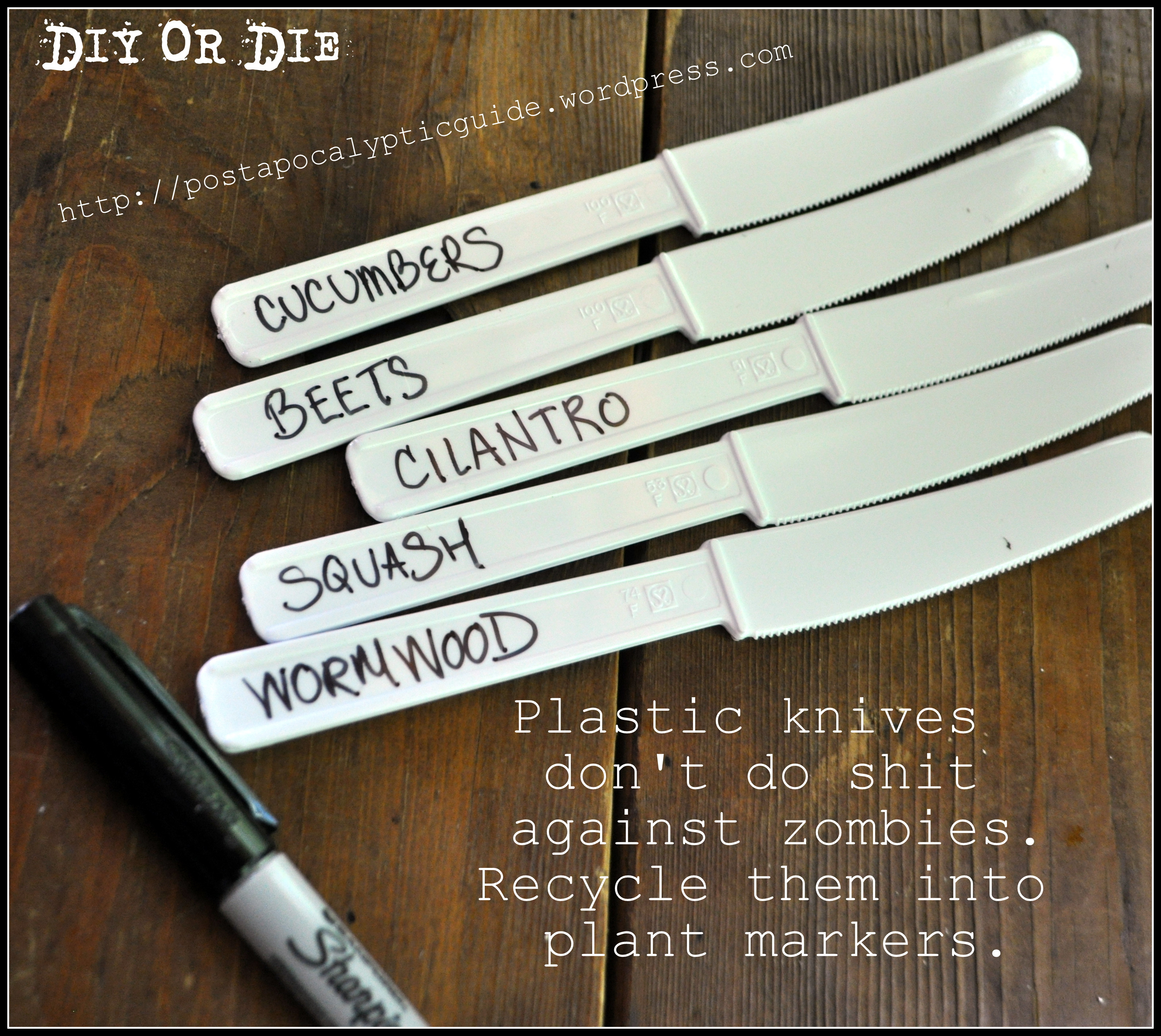 Diy Or Die
 Upcycle plastic knives into plant markers