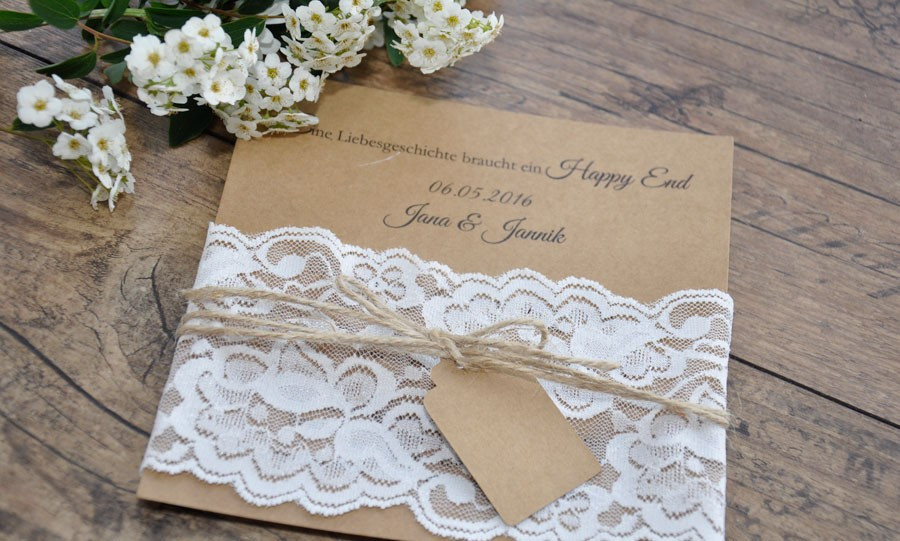 Einladungskarten Hochzeit Kraftpapier
 Einladungskarten Hochzeit Vintage "Kraftpapier küsst Spitze"