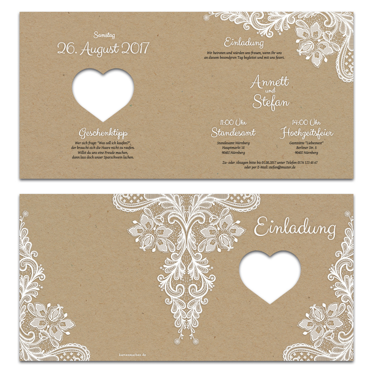 Einladungskarten Hochzeit Kraftpapier
 Lasergeschnittene Hochzeit Einladungskarten