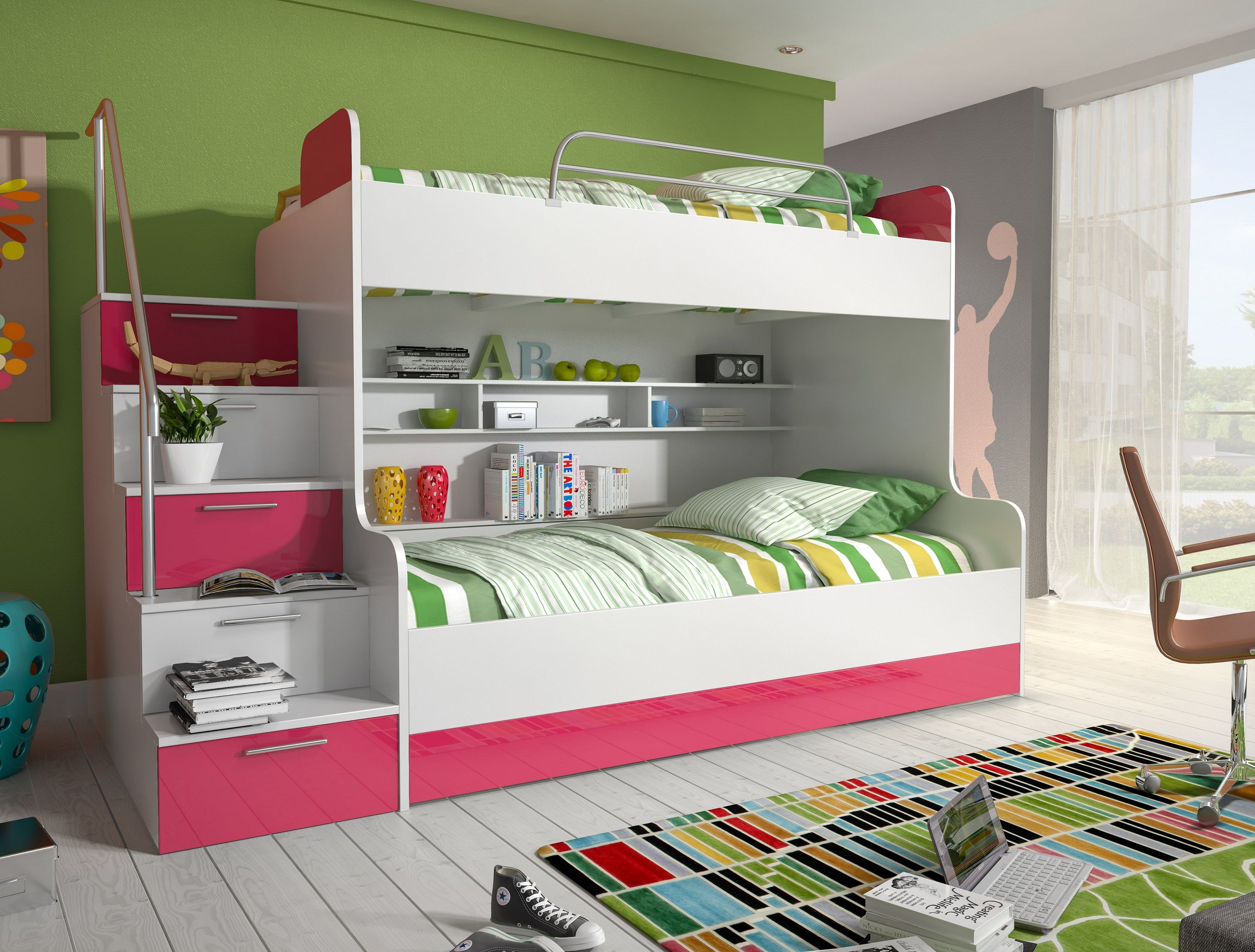 Etagenbett Mit Treppe
 Etagenbett Kinderbett Rose mit seitlicher Treppe links