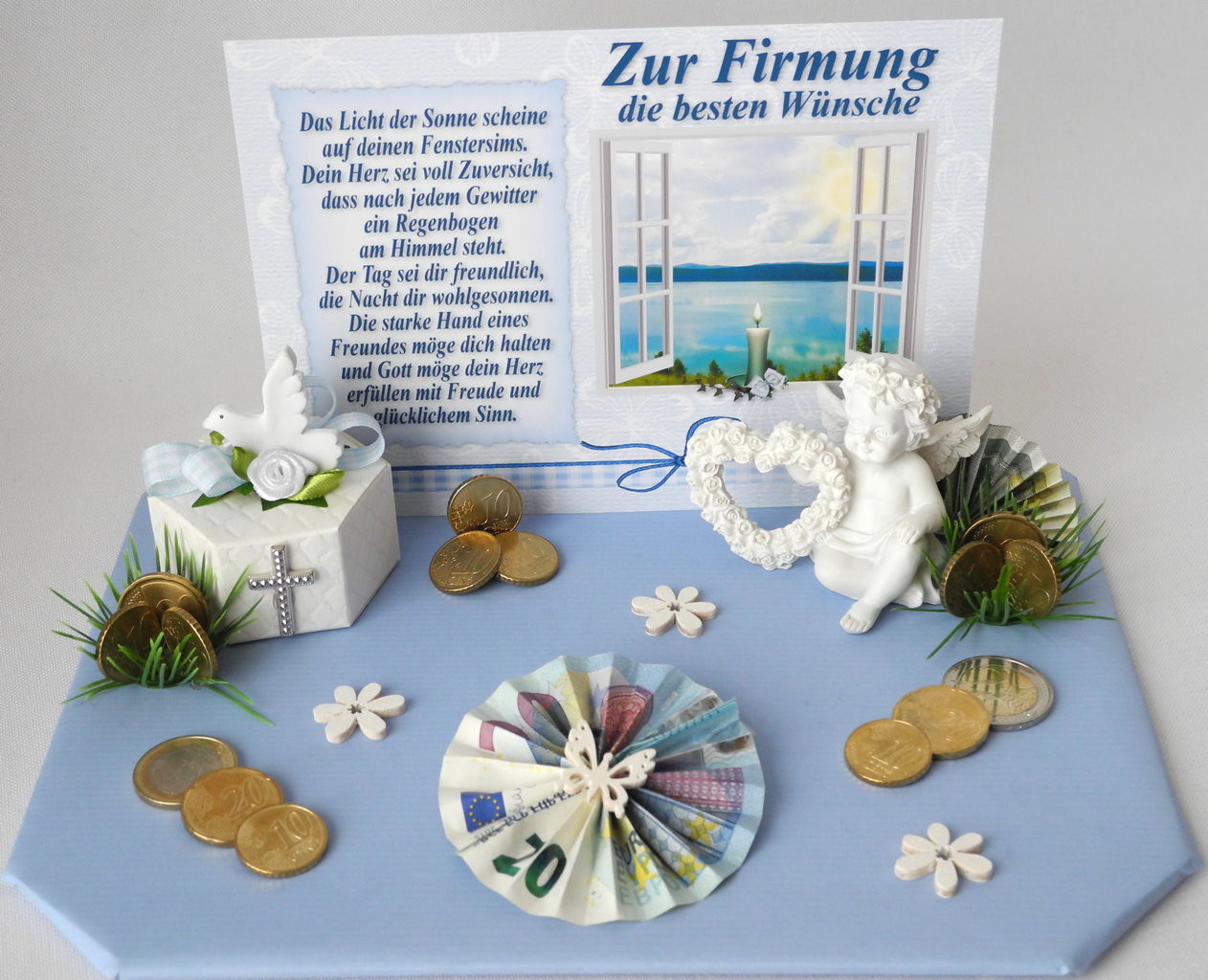 Firmung Geschenke
 Geldgeschenk zur Firmung Engel mit Herz Deko blau