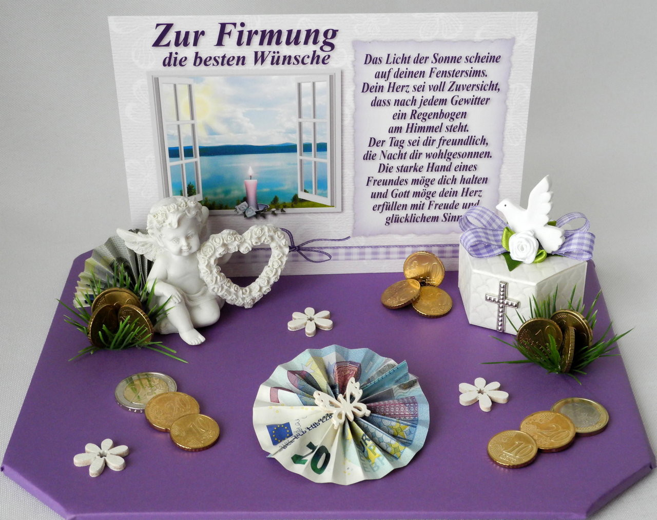 Firmung Geschenke
 Geldgeschenk zur Firmung Engel mit Herz Deko lila