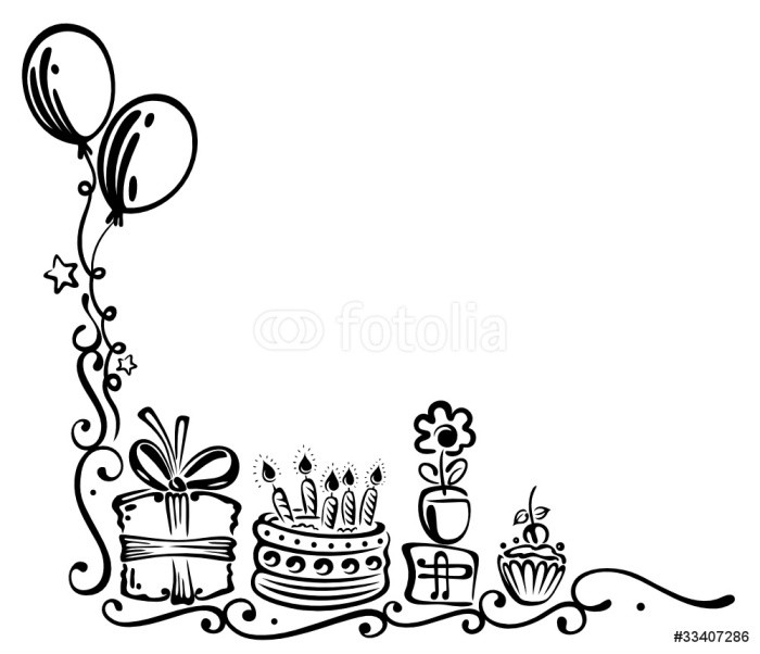 Geschenke Clipart Schwarz Weiß
 Aufkleber Geburtstag Torte Geschenke birthday Ranke