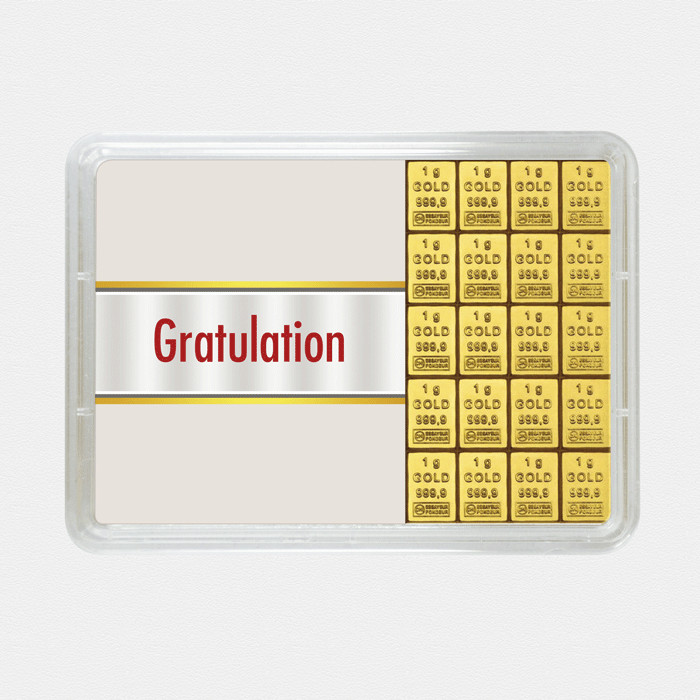 Geschenke Firmenjubiläum
 20g Goldbarren in Motivbox "Gratulation zum Jubiläum" als