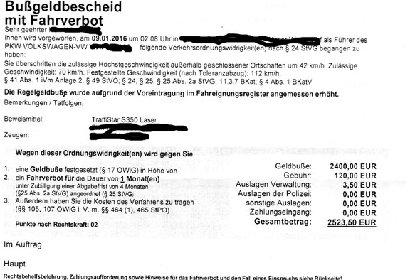 Geschwindigkeitsüberschreitung Außerorts Tabelle
 Geschwindigkeitsüberschreitung außerorts 42 km h Recht