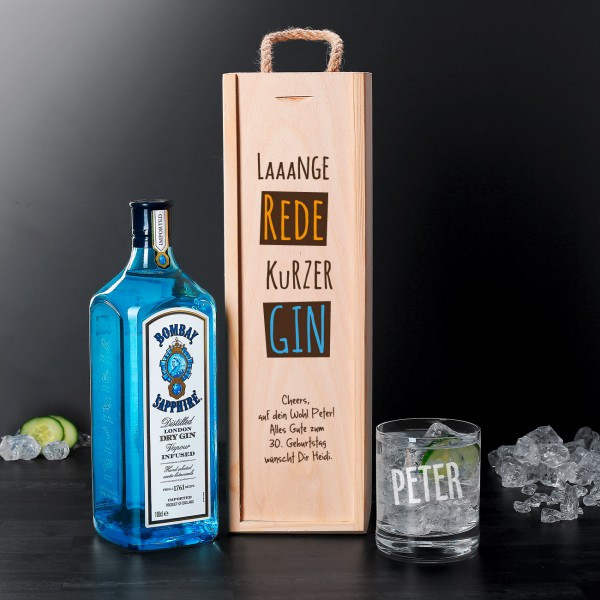 Gin Geschenke
 Bombay Gin mit graviertem Glas in bedruckter Holzbox als