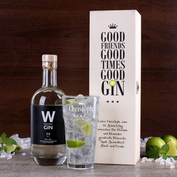 Gin Geschenke
 Gin Geschenk mit Longdrinkglas und Holzbox good Friends