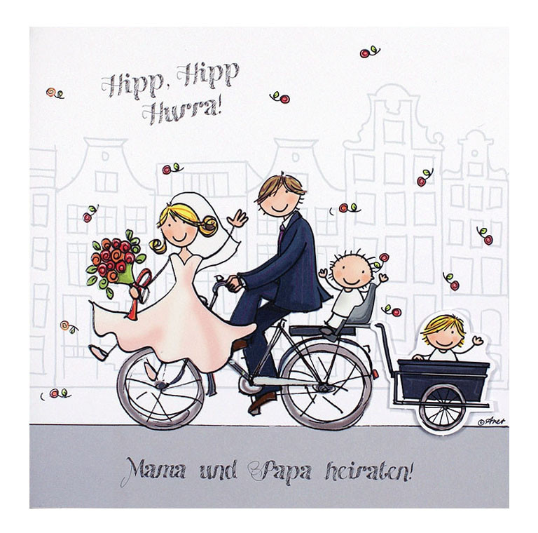 Glückwünsche Zur Hochzeit Brautpaar Mit Kind
 Hochzeitskarte mit Brautpaar und Kind ern auf einem