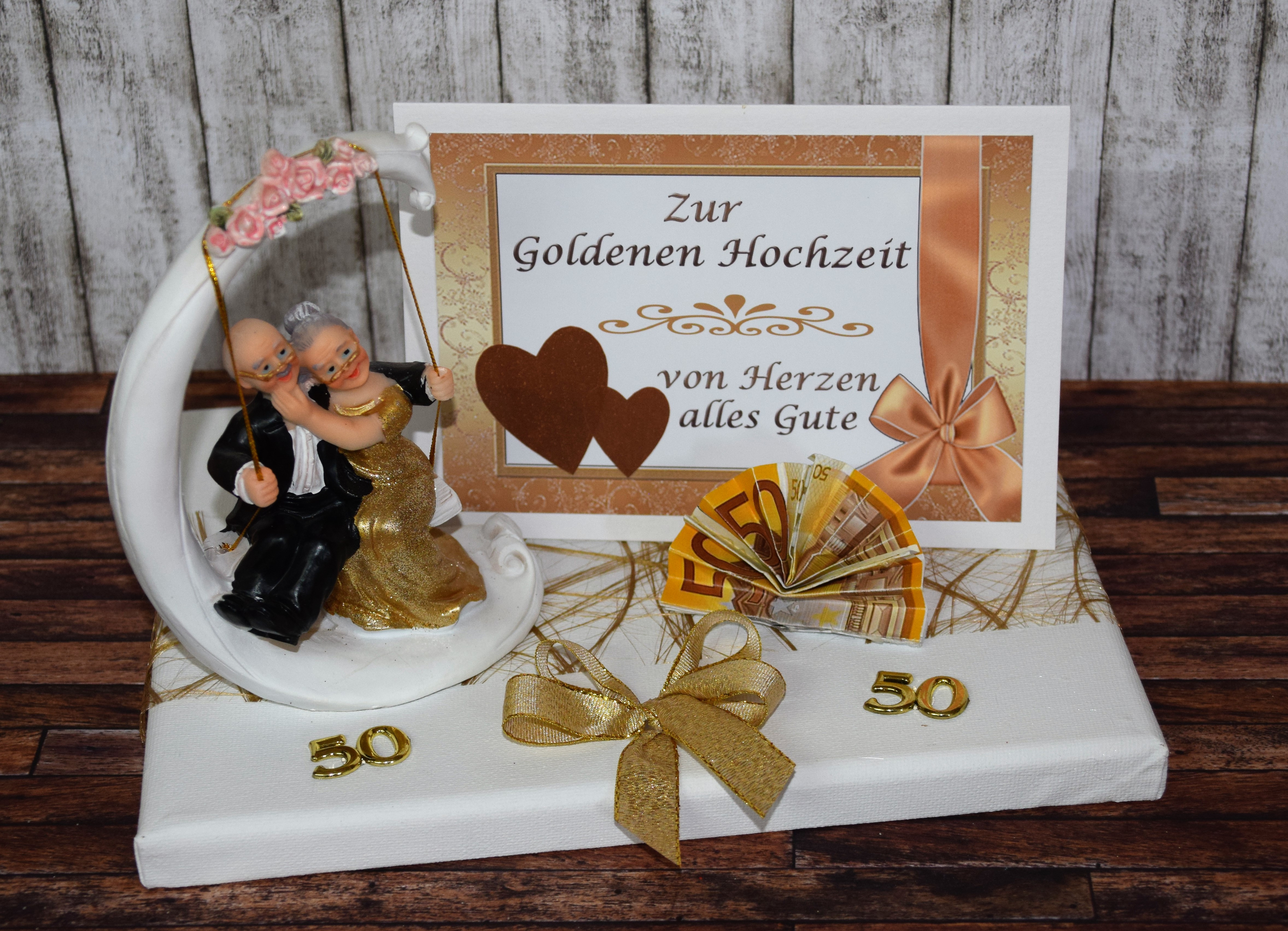 Goldene Hochzeit Geschenk
 Geld Geschenk zur goldenen Hochzeit mit Goldpaar auf Schaukel
