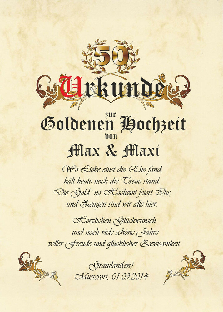 Goldene Hochzeit Sprüche Kurz
 Goldene Hochzeit Urkunde zur Hochzeit Geschenk Glückwunsch