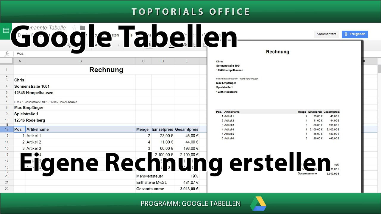 Google Tabellen
 Eine Rechnung mit MwSt erstellen Google Tabellen