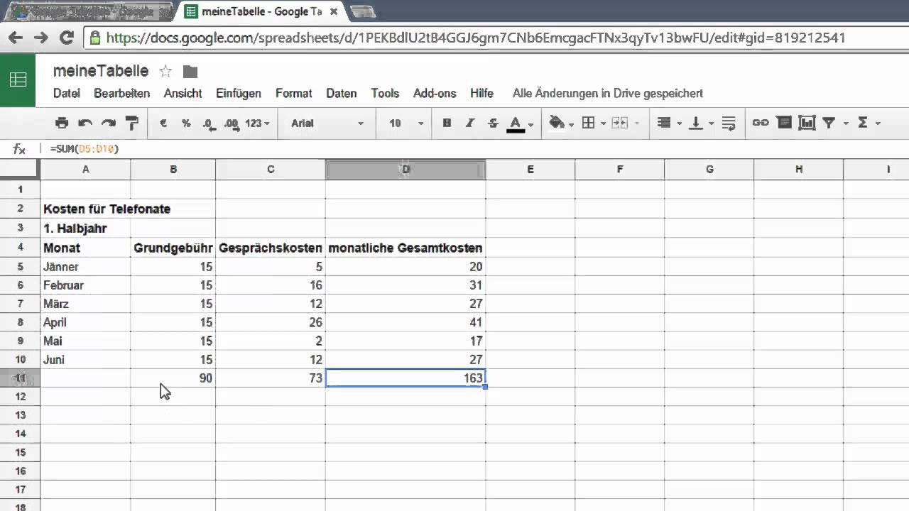 Google Tabellen
 5 Google Drive Tabellen automatische Eingaben Summen