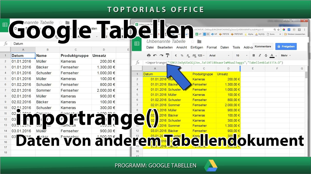 Google Tabellen
 Zugriff auf andere Tabelle mit importrange Google