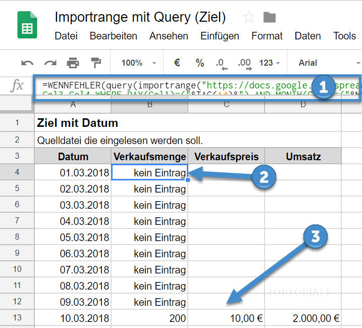 Google Tabellen
 Importrange mit Query und Datum Google Tabellen TOPTORIALS