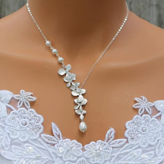 Halskette Hochzeit
 Orchidee Halskette Perlenkette Silber Schmuck Brautjungfern