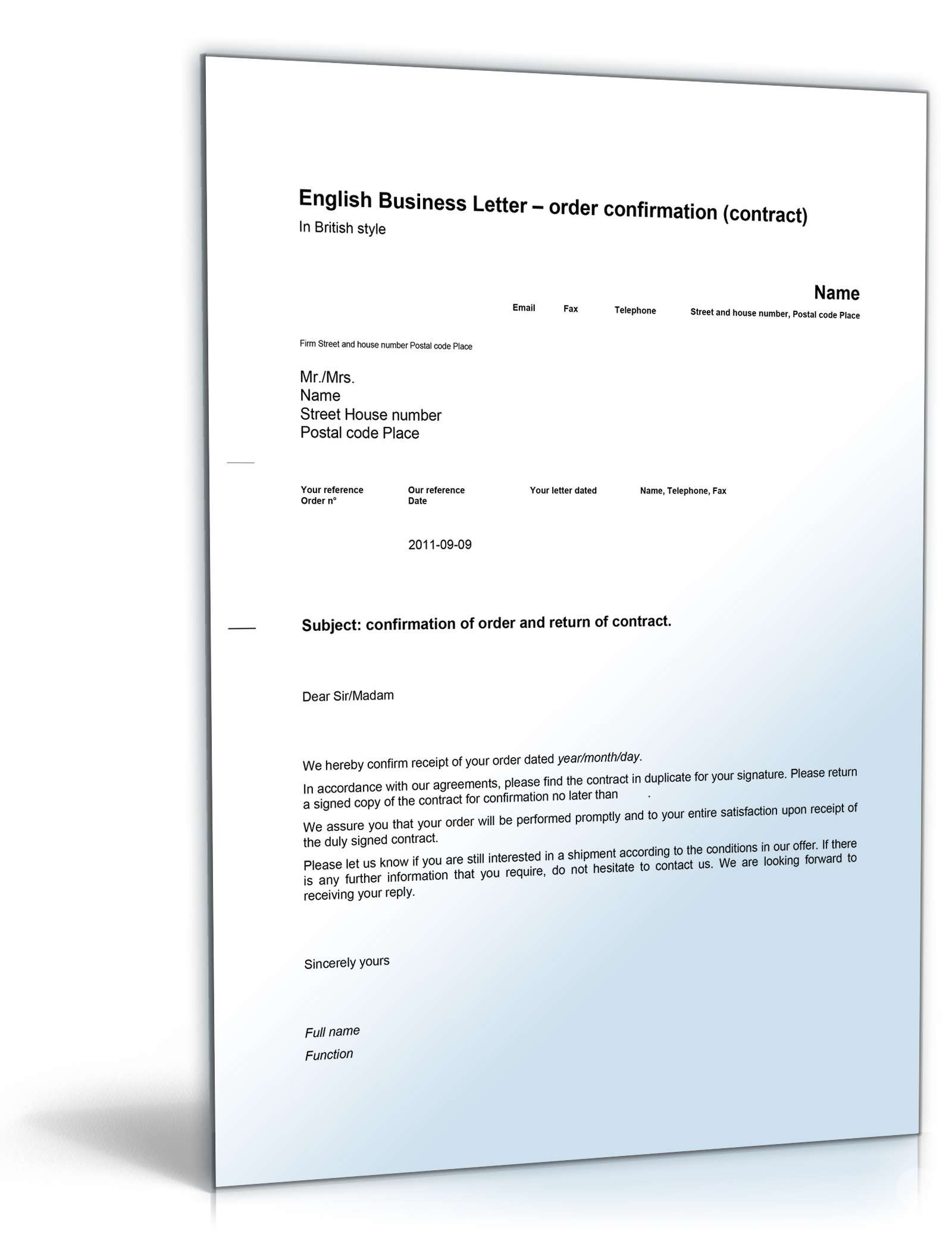 Handwerk Englisch
 Auftragsbestätigung auf Englisch Order Confirmation