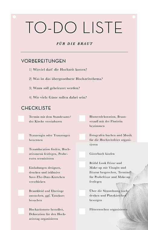 Hochzeit Checkliste
 Hochzeits Checkliste zum Ausdrucken für perfekte