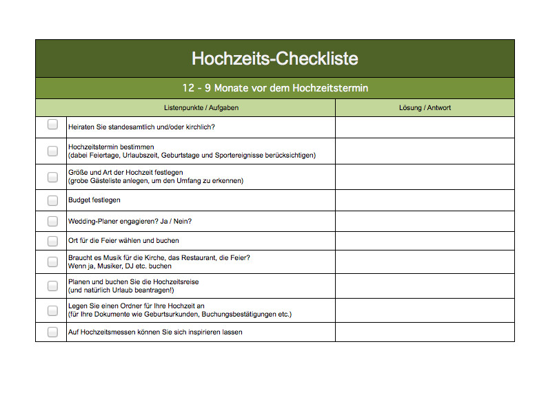 Hochzeit Checkliste
 Checkliste Hochzeit