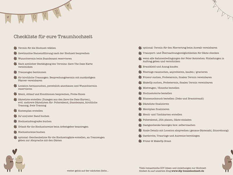 Hochzeit Checkliste
 Gratis Printable Checkliste für eure Traumhochzeit