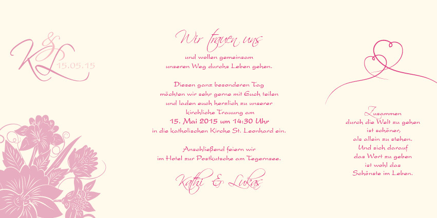 Hochzeit Einladung Text
 Altarfalz Hochzeitseinladung Florale Elemente in Pink