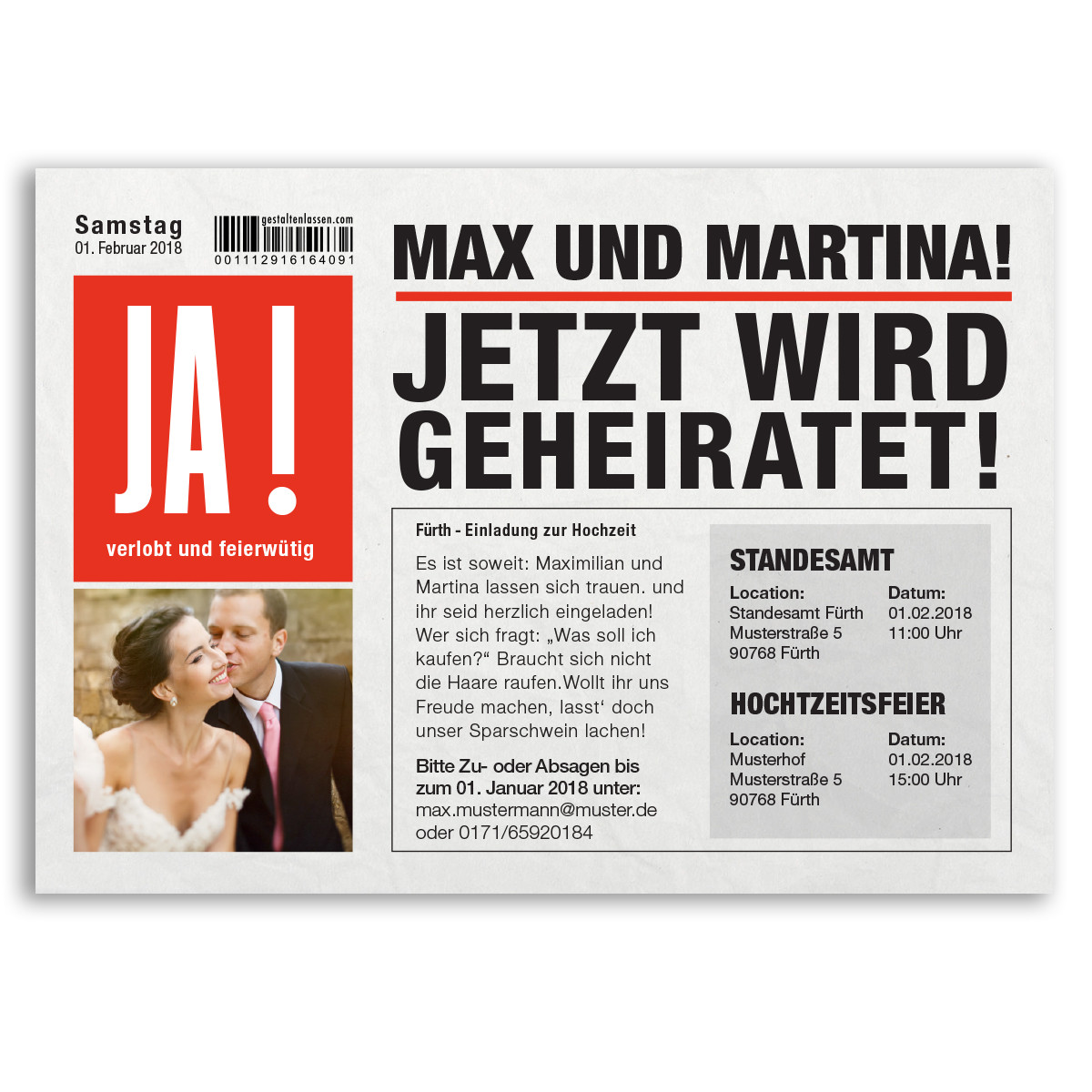 Hochzeit Zeitung
 Einladungskarten zur Hochzeit als Zeitung Nachrichten