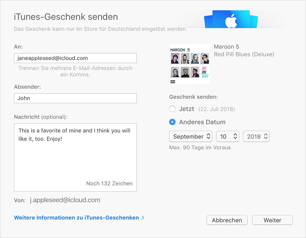 Itunes Geschenke App
 App Store & iTunes Geschenke per E Mail versenden Apple