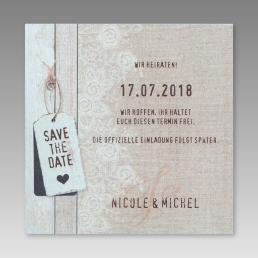 Karte Hochzeit Text
 Kreative Save the date Karte im Leinendesign