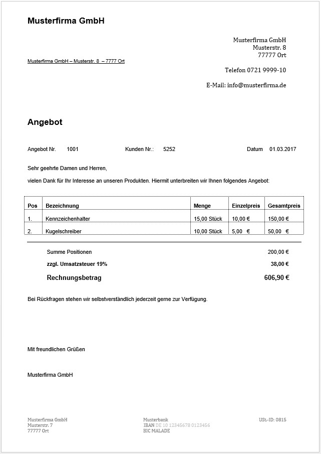 Kleingewerbe Handwerk
 Kostenlose Angebotsvorlagen Word & Excel Mit