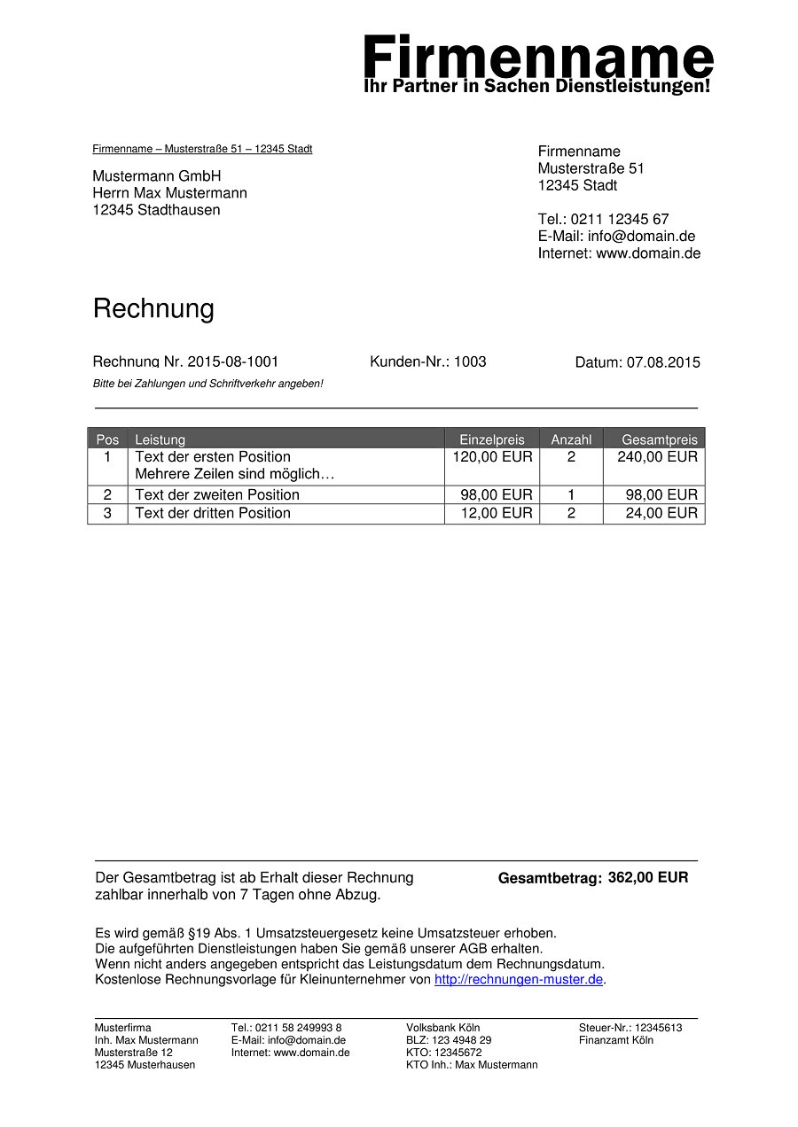 Kleingewerbe Handwerk
 Kleinunternehmer Rechnung Rechnungsvorlagen für