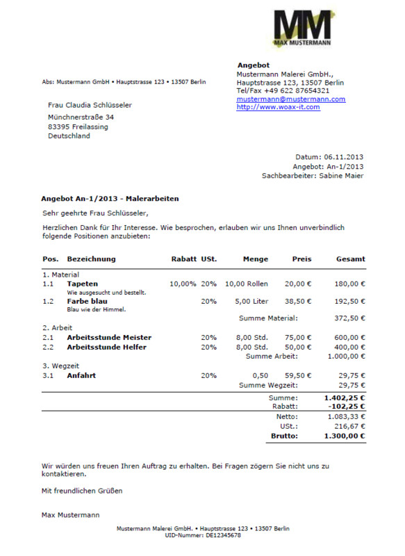 Kleingewerbe Handwerk
 Angebote schreiben Angebotsvorlagen und Angebot Muster