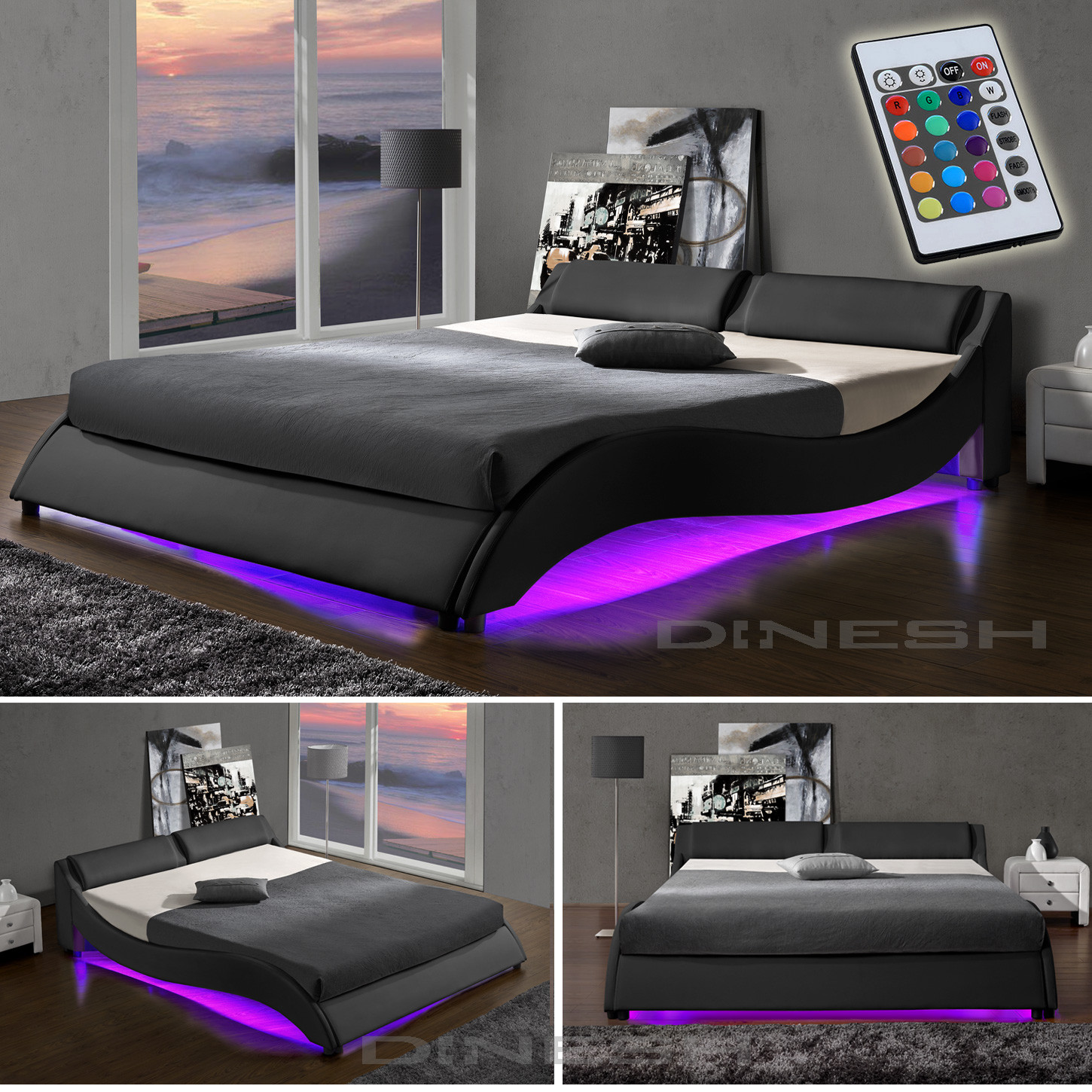 Led Bett
 Texas Schwarz Doppelbett Polsterbett LED Bett Lattenrost