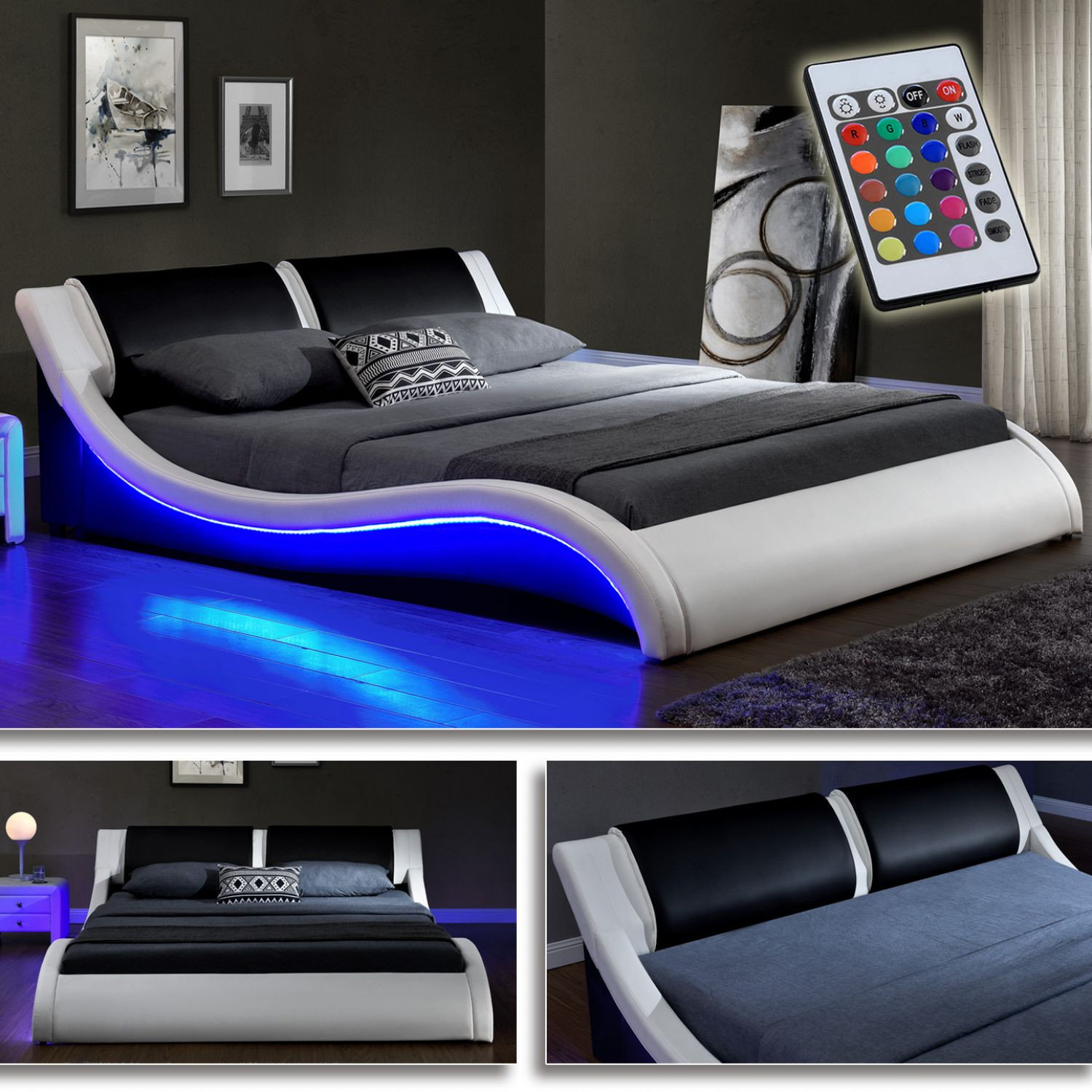 Led Bett
 Kentucky Weiss Schwarz Doppelbett Polsterbett LED Bett