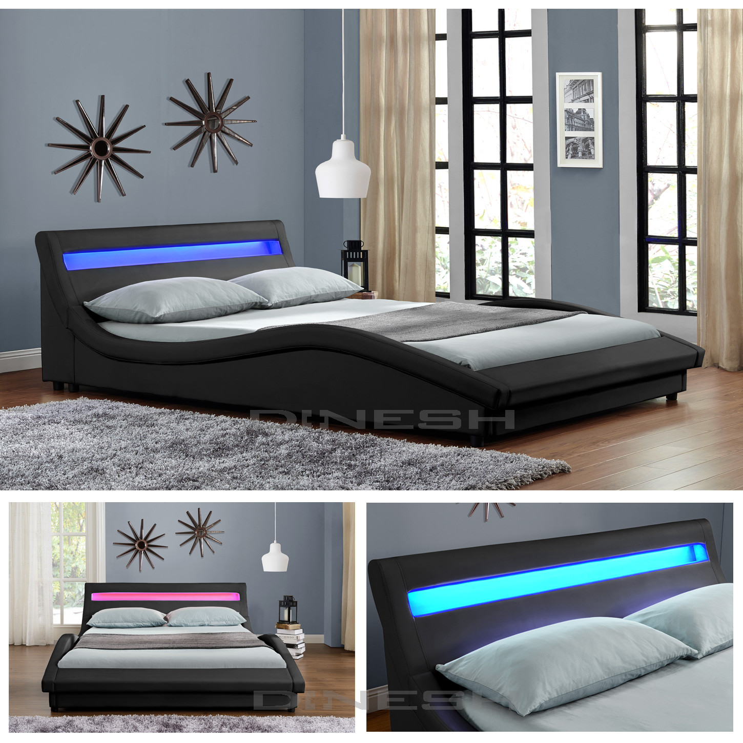 Led Bett
 PISA Schwarz LED Doppelbett Polsterbett Bettgestell Bett