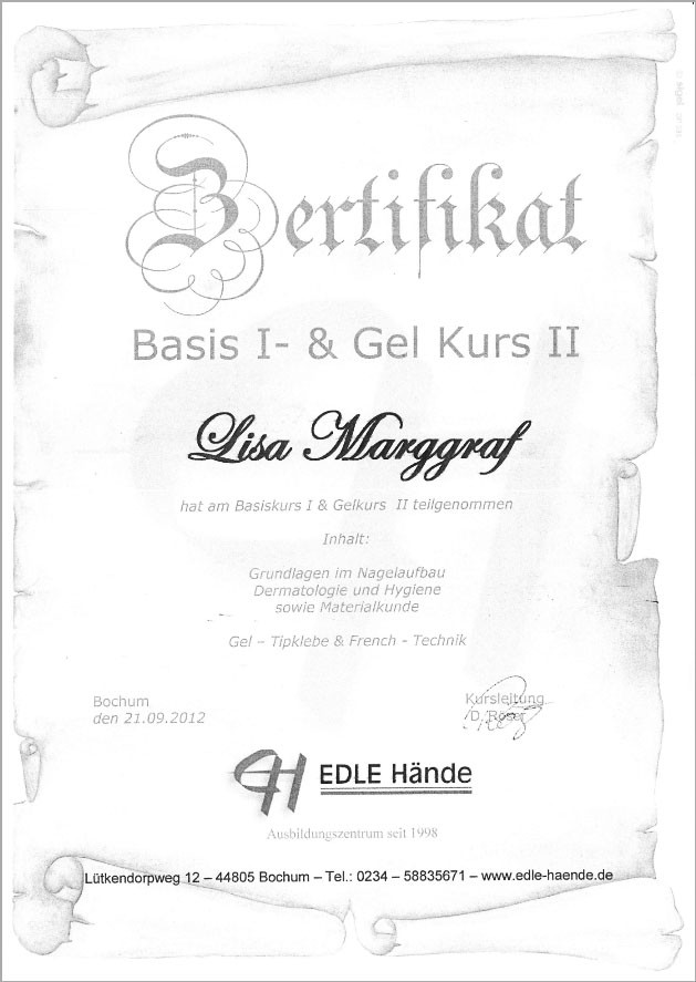 Maniküre Kurs
 Zertifikate – Hand & Fuß