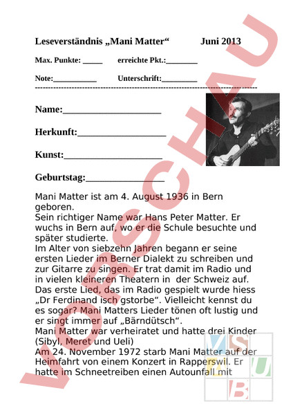 Matter Deutsch
 Arbeitsblatt Leseverständnis Biografie Mani Matter