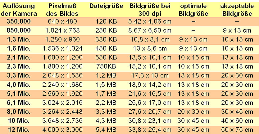 Megapixel Bildgröße Tabelle
 RIMAKE Pixel und Qualität