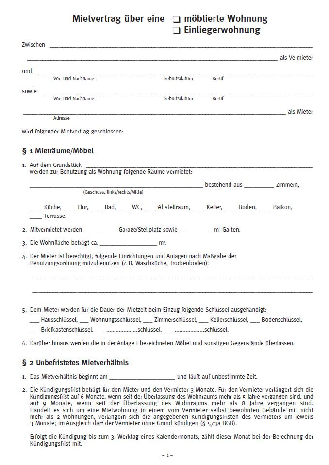 Mietvertrag Wohnung
 Mietvertrag Einliegerwohnung möblierte Wohnung